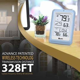 Indoor Outdoor Thermometer Wireless Weather Station, Temperature Humidity Monitor Battery Powered with 330ft Range Remote Sensor and Backlight Display（Light Blue）