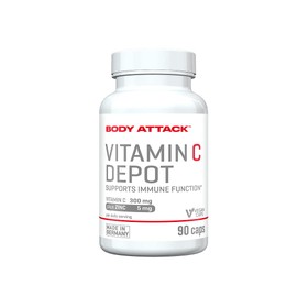 Body Attack Vitamin C Depot, 90 Caps/90 Servings, High Dose Vitamin C with Additional Zinc, 300 mg Vitamin C & 5 mg Zinc per Capsule, Helps Normal Function of the Immune System, Made in Germany