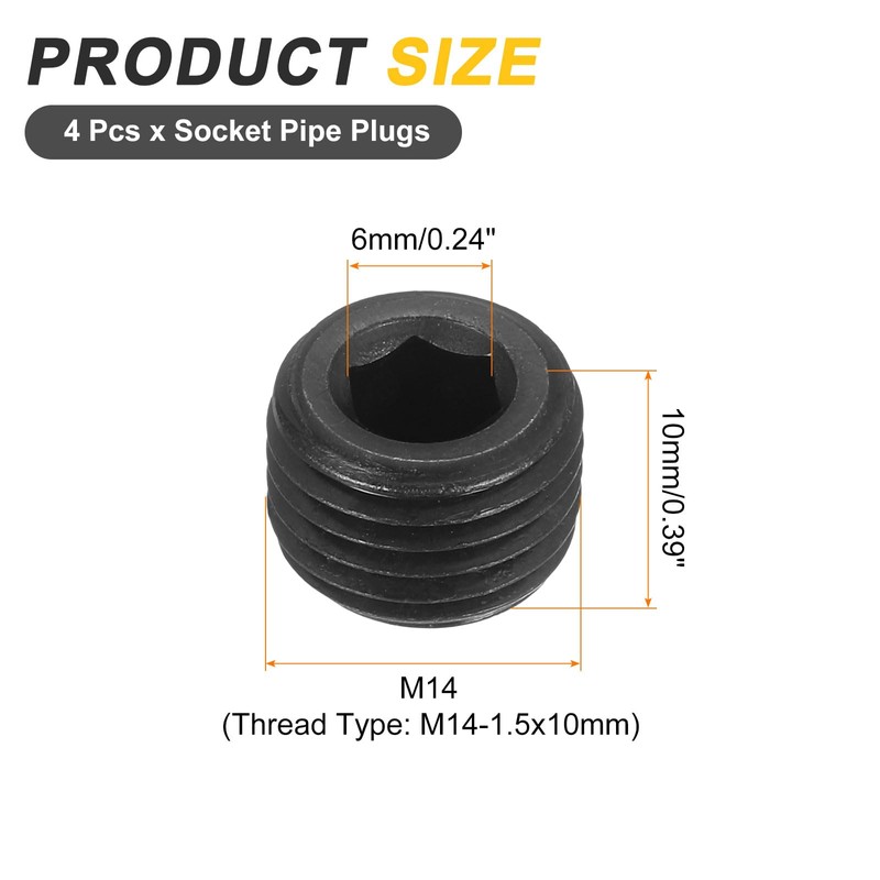 sourcing map 4Pcs Male Thread Socket Pipe Plugs, M14-1.5x10mm Carbon