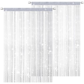 DALAETUS 2 Pcs Glitter String Curtain Panel Set, 100 x 200 CM Decorative Door Curtain, Tassel Ribbon Strip Silver Screen, Room Divider for Living Room, Bedroom, Party (White)