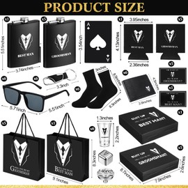 Roshtia 66 Pcs Groomsmen Proposal Gift Set for 6 - Plastic Shot Glass, Stainless Steel Flask, Opener, Beer Sleeve, Sunglasses, Sock, Wallet, Keychain, Postcard, Gift Box & Bag for Wedding Party