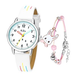KDM Kids Watch and Bracelet Set for Girls - White Kids Watches Analogue Quartz 30mm Time Teacher Watches for Boys Girls Waterproof Luminous Leather Wrist Watch, Cute Kids Gifts Age 3-12