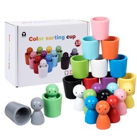 JOAASU Color Sorting Cups, 12PCS Kids Colour Sorting Cups, Wooden Peg Dolls in Cups, Preschool Color Matching Toy, Educational Learning Colour Sorting Toys for Toddlers Kids