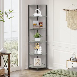 IRCPEN 6 Tier Corner Shelf, Industrial 63.1" Tall Ladder Corner Storage Shelf with Adjustable Feet,Rustic Display Rack Multipurpose Bookshelf Bookcase,Plant Stand for Living Room, Bedroom (Greige)