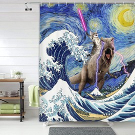 Xguatan Funny Cat Shower Curtain, Cool Dinosaur Cat in Japanese Kanagawa Waves Shower Curtain for Bathroom, Blue Ocean Fabric Hilarious Anime Shower Curtain Set with 12PCS Hooks, 60X70IN