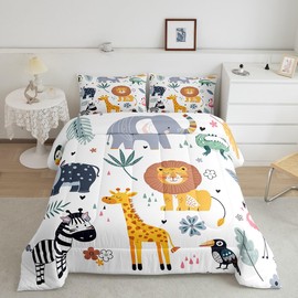 Feelyou Kids Zoo Animal Comforter Set Cute Wild Animals Bedding Set Cartoon Safari Wild Print Comforter for Boys Girls Children Teens Bedroom Decor Exotic Natural Theme Duvet Set Twin Size
