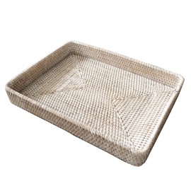 i-lan 17" White Washed Rattan Woven Large Serving Tray Platter for Ottoman,White Rectangular Basket Storage Platter with 2.4” Wall, Decorative Rattan Woven Baskets Tray for Fruits,Table Accessories