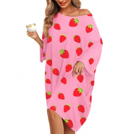 KFUBUO Plus Size Nightgowns for Women Oversized Sleep Tshirts Dress Pjs Lounge Short Sleeves Strawberry Sleepwear With Pocket Fit S-5XL