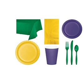 Mardi Gras Party Decorations, Bundle of Purple, Golden Yellow, and Green Party Tableware for 24 People, Box of 197 Total Pieces