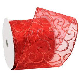 Morex Ribbon Swirl Wired Sheer Glitter Ribbon, 4-Inch by 25-Yard Spool, Red