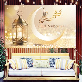 LOONELO Eid Mubarak Backdrop, Ramadan Kareem Polyester Large Banner 70.8" x 43.3", Muslim Arabic Islamic Crescent Moon Lantern Mosque Photography Background Booth for Wall Indoor Outdoor Decorations