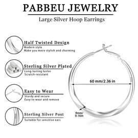 PABBEU S925 Sterling Silver Hoop Earrings Lightweight Hypoallergenic Twist Large Silver Hoop Earrings for Women 40/50/60mm