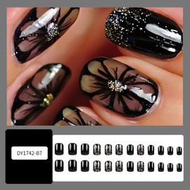 FIEONCIY Press on Nails Square Short Length Glossy Full Cover Acrylic Short Square Shaped False Nails with Designs Artificial Fake Nails Glue ons Fingernails for Women Girls(DY1742)