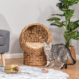 PawHut PawHut Handwoven Elevated Cat Bed with Soft Cushion & Cat Egg Chair Shape, Cat Basket Bed Kitty House with Stand, Raised Wicker Cat Bed for Indoor Cats, 20.5" H, Brown