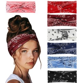 CUEMOON 7 Pcs Haarbänder Damen Breite Elastische Weiche, Print Haarband Yoga Sport Stirnbänder, Sommer Boho Stirnband Print Haarschmuck Yoga Sport Haarband Mehrfarbig Dünn Stirnbänder