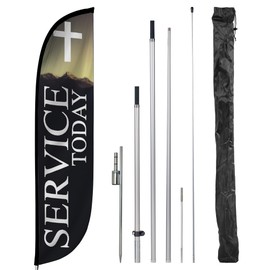LookOurWay Feather Flag Set, 12 ft Advertising Flag with Fiberglass Poles and Ground Spike for Business Promotion, Church Theme (Service Today)