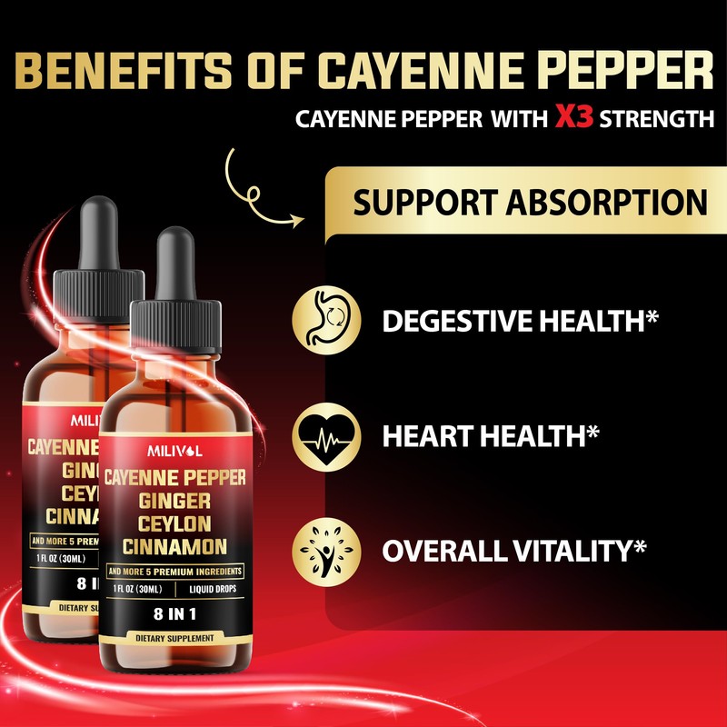 MILIVOL 8in1 Cayenne Pepper Liquid Drops with Ginger, Ceylon Cinnamon,