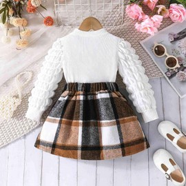 Zupora Baby Girl Clothes Bubble Long Sleeve Pullover Top Plaid Skirt Set 2Pcs Toddler Kids Fall Winter Outfits Dress 2-8 Years