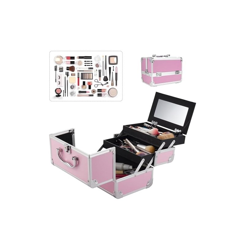 Estuche de Maquillaje Profesional de 3 Niveles con Espejo, Organizador