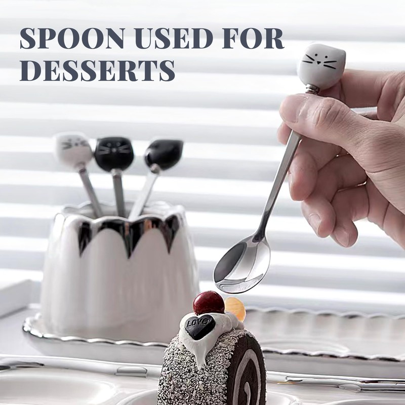 Cute Cat-Shaped Coffee Spoon Set - Black and White Cat