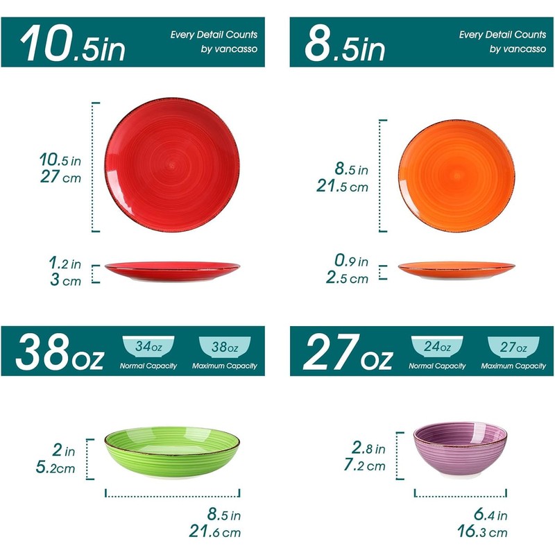 vancasso Bonita Dinnerware Sets, 24 Pieces Multicolor Stoneware Dinner Set