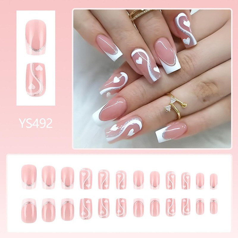 24Pcs Valentine's White French Tip Press on Nails Medium Square
