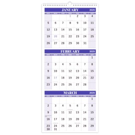 2025 Wall Calendar - 3 Month Wall Calendar Display (Folded in a Month), Jan. 2025 - Dec. 2025, 11" x 26", 3 Month Vertical Calendar - Purple