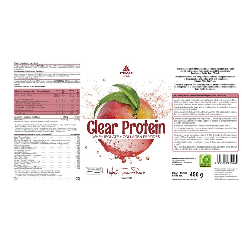 PEAK Clear Protein - 450 g Flavour White Tea Peach,