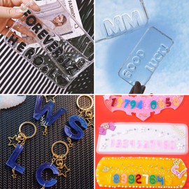 Small DIY Silicone Resin Mold for Letters, Tomorotec Outgeek Number Alphabet Jewelry Keychain Casting Mold with 200 pcs Screw Eye Pins