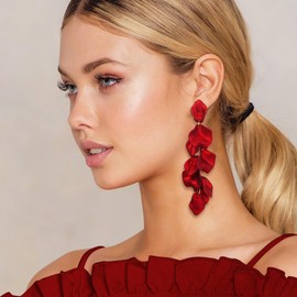 Flyonce Long Acrylic Rose Petal Drop Dangle Earrings, Red Flower Statement Earrings Summer Holiday Jewelry