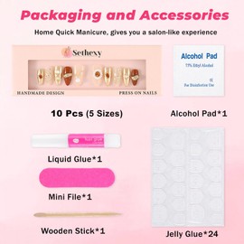 Sethexy Gold Handmade Press On Nails Long Almond Luxury False Nails with Design Acrylic Shiny Pearl False Nails Salon Nails for Women and Girls 10 Pieces (Gold)