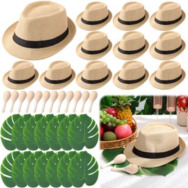 Chicingyou 36 Pcs Havana Night Party Centerpieces 12 Straw Hats 12 Palm Leaves and 12 Wooden Maracas Party Decoration for Havana Night Cuban Birthday Wedding Celebration Accessories