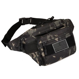 SOWHUP Tactical Fanny Pack,Military Waist Bag Pack with U.S Patch Utility Hip Belt Bumbag for Outdoor Fishing Hiking, Black camouflage(4 Zipper Pockets), S, Tactical Fanny Pack