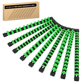 GOOACC Socket Organizer ABS Socket Holder Set 1/4" 3/8" 1/2" Drive Socket Rail Holders Stores up 129 Clips Impact Sockets Organizers Rails for Tool Box Drawer, 9 Piece Green