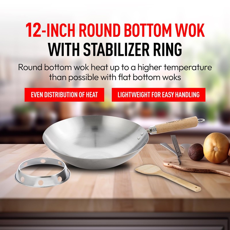Helen's Asian Kitchen Round Bottom Wok Set, Carbon Steel and
