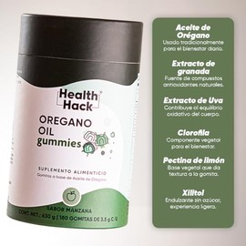 Health Hack Aceite de Orégano en Gomitas, 60 mg con 80% Carvacrol, Reforzado con Extracto de Granada y Uva, Sabor Manzana, Suplemento Botánico Vegano 