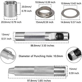 Mesee 10mm Grommet Kit for Leather, 100 Sets Metal Grommets Eyelets with 3 Pieces Install Tool Kit, Tarpaulin Repair Kit - Silver