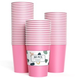 YANGTE 60 Pieces Pink Paper Cups Disposable Party Cups Biodegradable and Compostable Drinking Cups for Party, Birthday Supplies, DIY - 9 Ounce - 250ml
