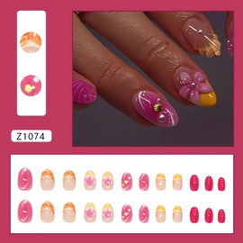 LPOODDNU Shell Flower Press on Nails Almond Shape Fake Nails, Glossy Pink Press on Nails French False Nail Tips with Design Summer Glue on Nails Reusable Stick on Nails for Women Manicure Decorations