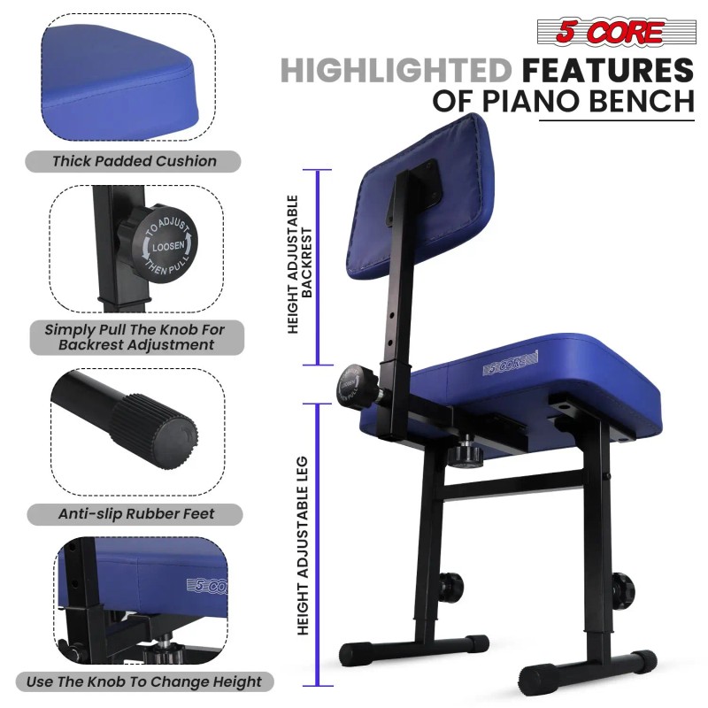 3-Padded PNB B-REST BLU Piano Bench Heavy-Duty Musician Chair Height
