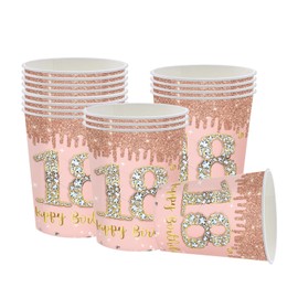 YAAVAAW Happy 18th Birthday Paper Cups Rose Gold,16Pcs Girls Birthday Party Cups Disposable Tableware,18th Birthday Decorations Cups for Girls,Kids,Her 18th Birthday Party Supplies Table Decorations