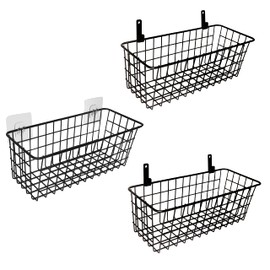 Joben Oligey 3 Set Hanging Wire Baskets,Wall Mount Fruit Basket,No Drilling,Adhesive Small Metal Basket,Farmhouse Food Storage Mesh Bin Kitchen Pantry Laundry Bathroom Closet Garage RV,Black