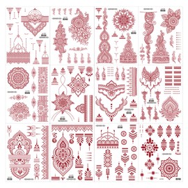 mdgfge 12 Sheets Henna Temporary Tattoos Kit Lace Fake Tattoos Indian Brown Red Waterproof Henna Mandala Flower Pattern Tattoo Stickers for Women Wedding Holiday Party Body Hands Decor Supplies