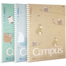 KOKUYO Spiral Notebook Journal, 3 Pack Campus B5 Soft Ring Notebooks with Dotted A 7mm Rule, 40 Sheets, Cute Animal 1 Subject Notebook in Blue Yellow Green, College Office Note Taking. Japan Import