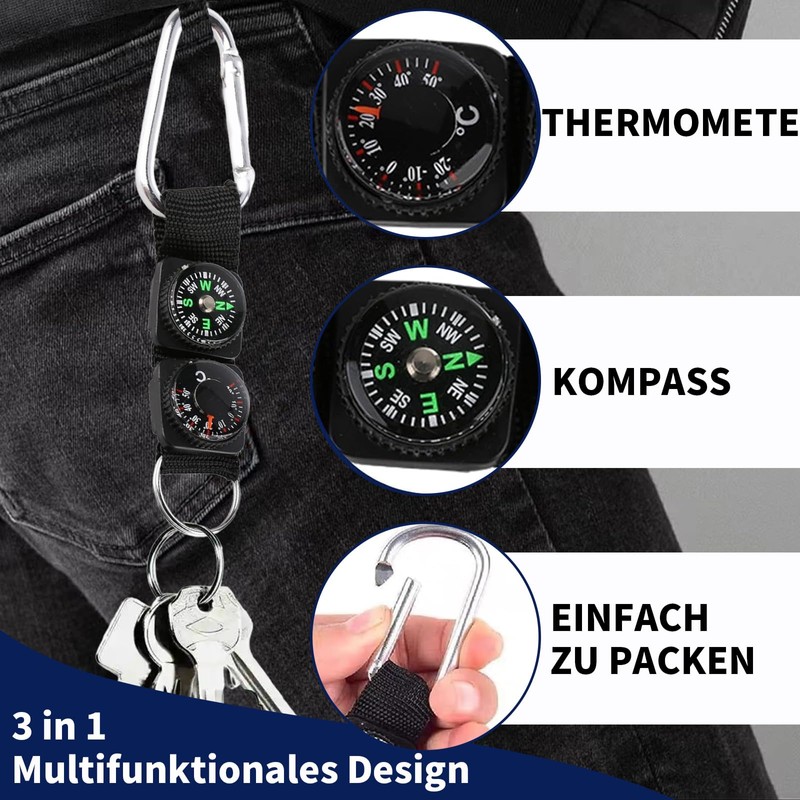 IUSOT Pack of 2 compass key rings with thermometer, multifunctional
