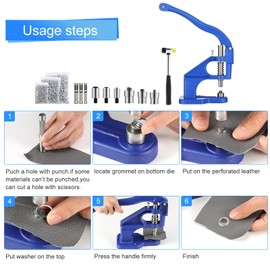 Hand Press Grommet Machine Grommets Eyelet Machine Hole Punch Tool Kit with Hammer 3 Dies and 1500pcs Grommets for Grommets Snap Buttons Rivets Eyelets Pearls，Blue