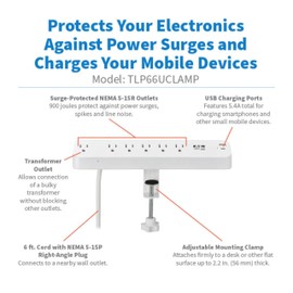 Eaton Tripp Lite Series Desk Clamp Power Strip Surge Protector, 6-Outlets, USB-A & USB-C Charging Ports, 900 Joules, 6ft Flat Extension Cord, Lifetime Manufacturer's Warranty (TLP66UCLAMP)