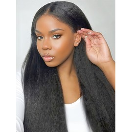 Kinky Straight Lace Front Wig Pre Plucked 13x6 Synthetic Lace Front Wigs for Black Women Long Yaki Synthetic Wig Soft & Natural as Human Hair Natural Black 22 Inch