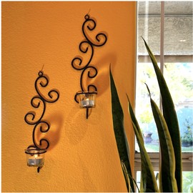 Lily’s Home Deco Swirl Wall Sconce Tea Light Candle Holders, Steel, Black, Set of 2, with 2 Clear Glass Tealight Candle Holders