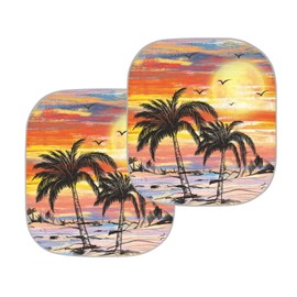COEQINE Art Ocean Theme Palme Tress Theme Sun Shade, 2 Pieces Windshield Sun Shade with Waterproof, Foldable Keep Vehicle Cool Protector Your Car,Tropical Island Sunset Theme